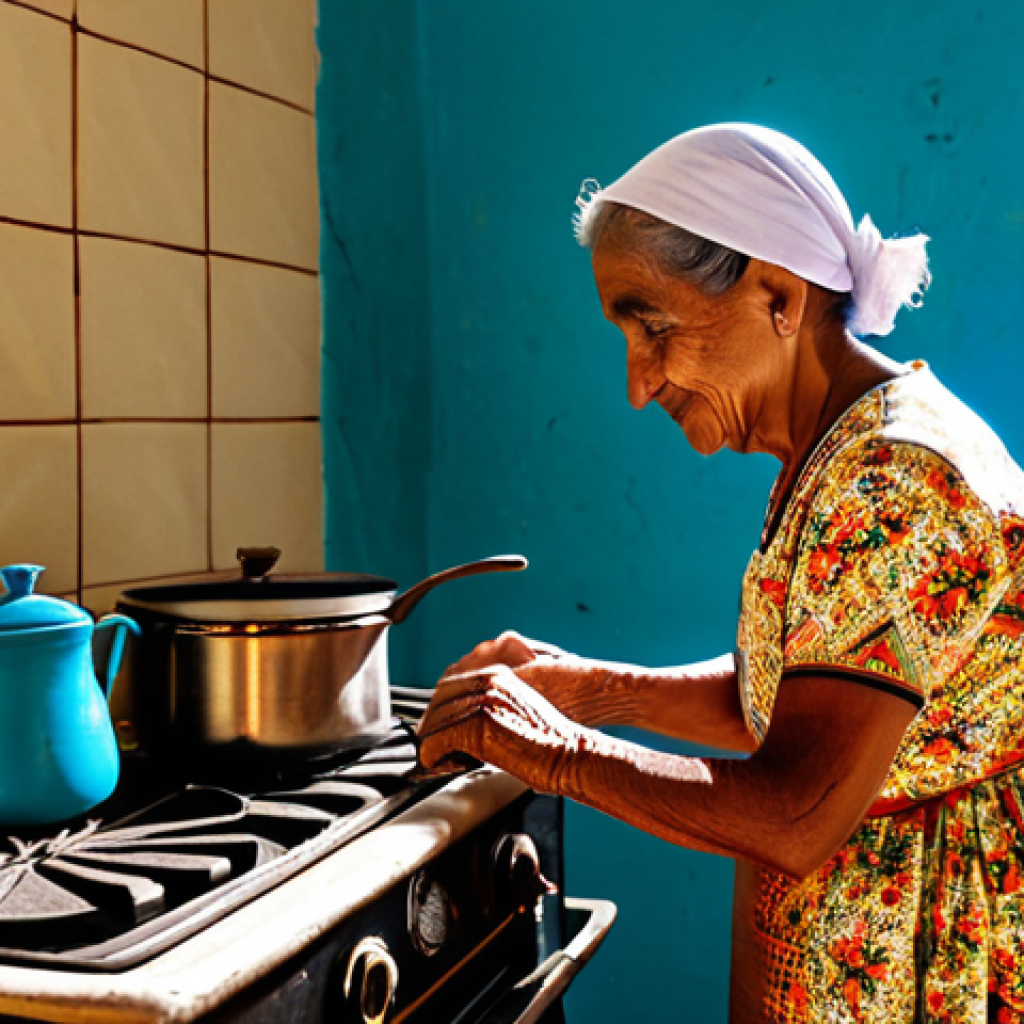 Traditional Cuban Coffee Preparation**
"A warmly lit kitchen scene in Havana, Cuba. An elderly Cuban woman, fully clothed in modest, traditional dress, is carefully preparing Cuban coffee using a "cafetera" on a vintage stove. The scene is filled with authentic Cuban details: colorful tiles, aged cookware, and sunlight streaming through a window. Safe for work, appropriate content, family-friendly, professional photography, perfect anatomy, natural proportions, well-formed hands."
**
