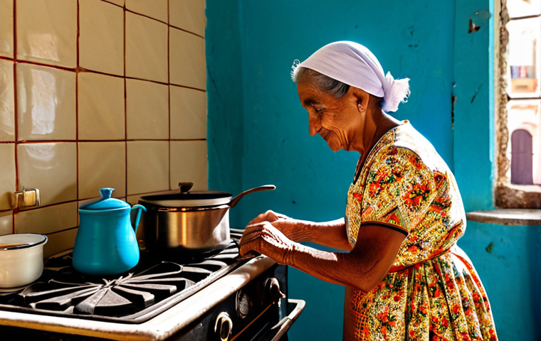 Traditional Cuban Coffee Preparation**
"A warmly lit kitchen scene in Havana, Cuba. An elderly Cuban woman, fully clothed in modest, traditional dress, is carefully preparing Cuban coffee using a "cafetera" on a vintage stove. The scene is filled with authentic Cuban details: colorful tiles, aged cookware, and sunlight streaming through a window. Safe for work, appropriate content, family-friendly, professional photography, perfect anatomy, natural proportions, well-formed hands."
**