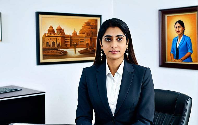 레토르트 푸드 신제품 - "A professional businesswoman in a modest business suit, sitting at a desk in a modern office with B...