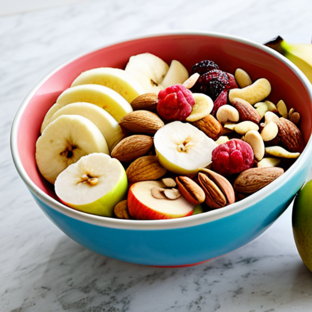 헬시 스낵 레시피 - Fruit and Nut Mix**
"A colorful assortment of fresh fruits like sliced apples, bananas, and guava m...