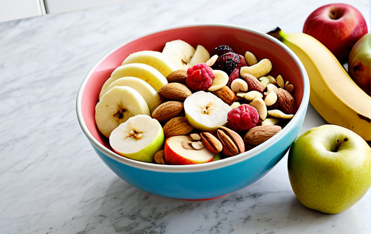 헬시 스낵 레시피 - Fruit and Nut Mix**
"A colorful assortment of fresh fruits like sliced apples, bananas, and guava m...