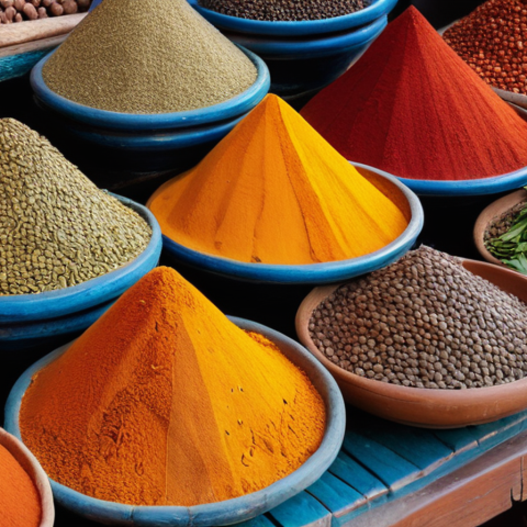 북아프리카 음식 종류 - **Vibrant Moroccan Spice Souk Scene:** A close-up, eye-level shot capturing the sensory explosion of...