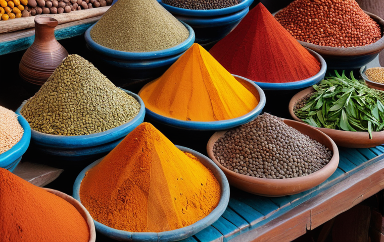 북아프리카 음식 종류 - **Vibrant Moroccan Spice Souk Scene:** A close-up, eye-level shot capturing the sensory explosion of...