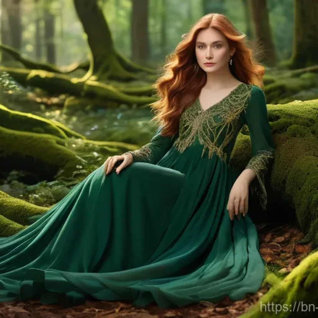 베트남 샌드위치 반미 - **Enchanted Forest Guardian:** A young, serene woman with long, flowing auburn hair stands amidst an...