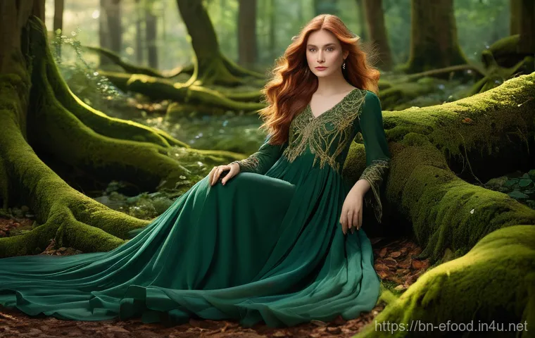 베트남 샌드위치 반미 - **Enchanted Forest Guardian:** A young, serene woman with long, flowing auburn hair stands amidst an...