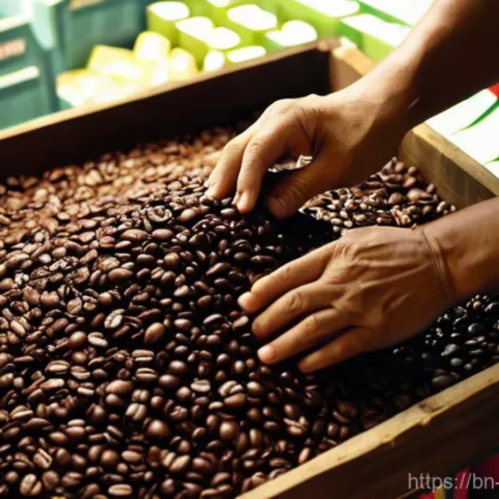 베트남식 커피 만들기 - **Prompt:** A close-up shot of an adult's hands carefully selecting a bag of premium Vietnamese Robu...