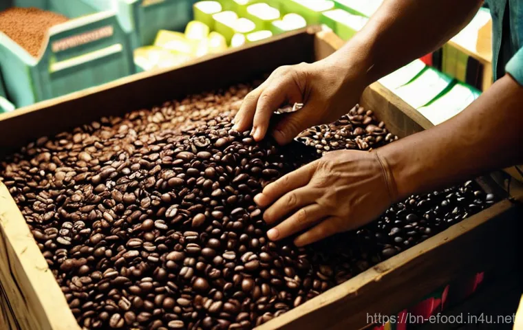 베트남식 커피 만들기 - **Prompt:** A close-up shot of an adult's hands carefully selecting a bag of premium Vietnamese Robu...
