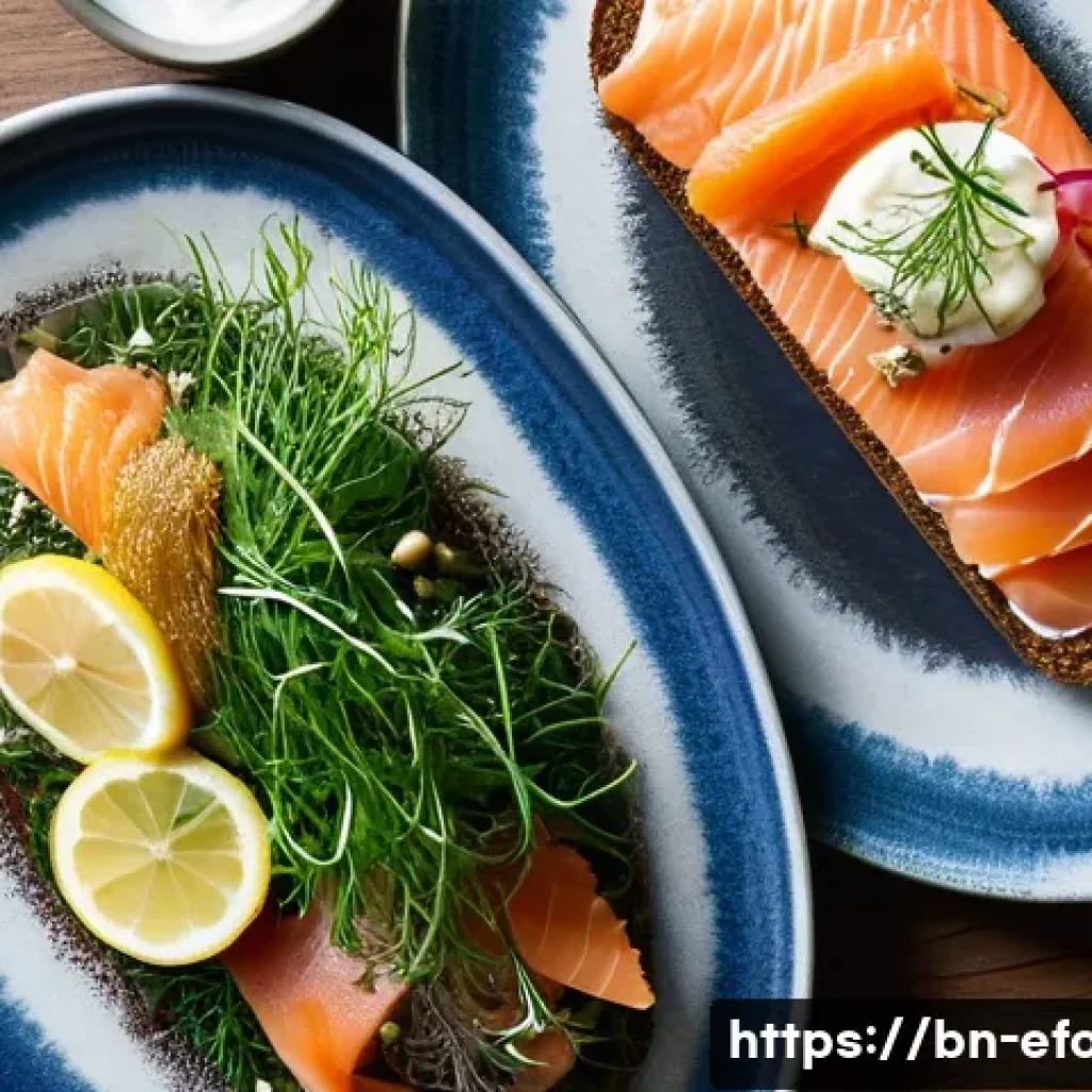 덴마크 전통 요리 스뫼레브뢰드 - **"Artistic Smørrebrød Platter in a Copenhagen Restaurant"**: A sophisticated, overhead shot of a lo...