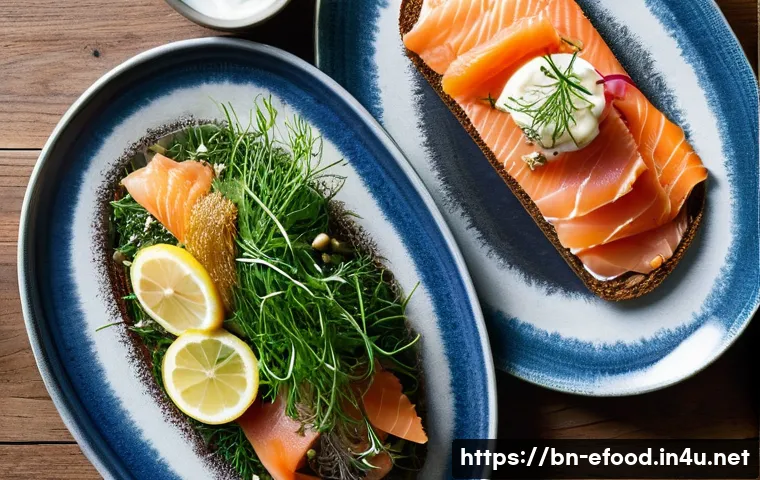 덴마크 전통 요리 스뫼레브뢰드 - **"Artistic Smørrebrød Platter in a Copenhagen Restaurant"**: A sophisticated, overhead shot of a lo...